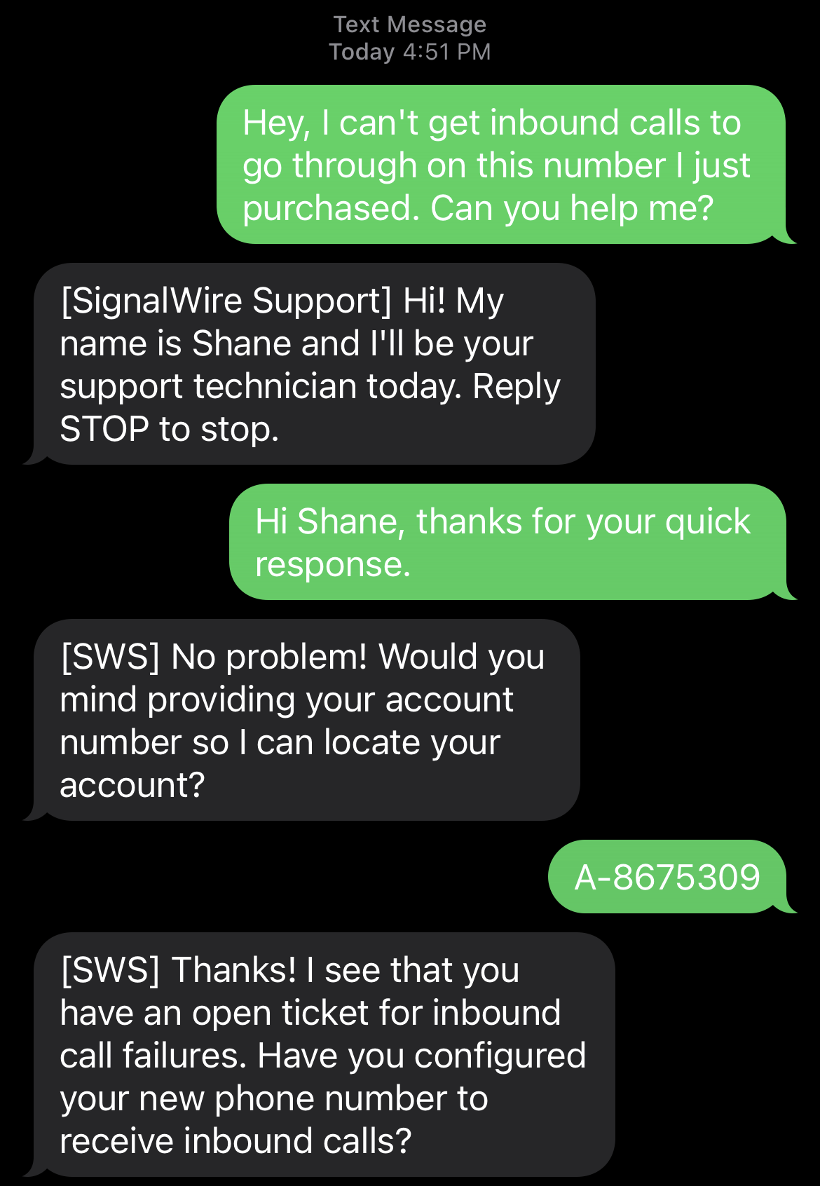 Example of a conversational SMS use case for customer support.