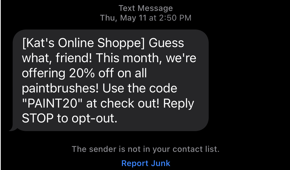 Promotional SMS use case for a coupon code.