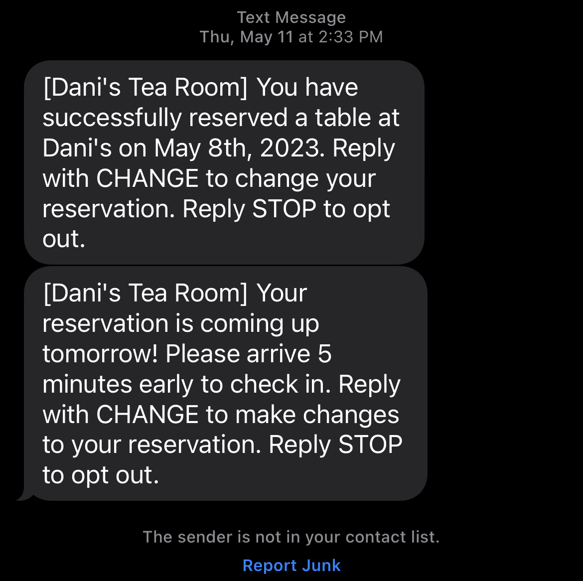 Example of an informational SMS use case for a reservation reminder.